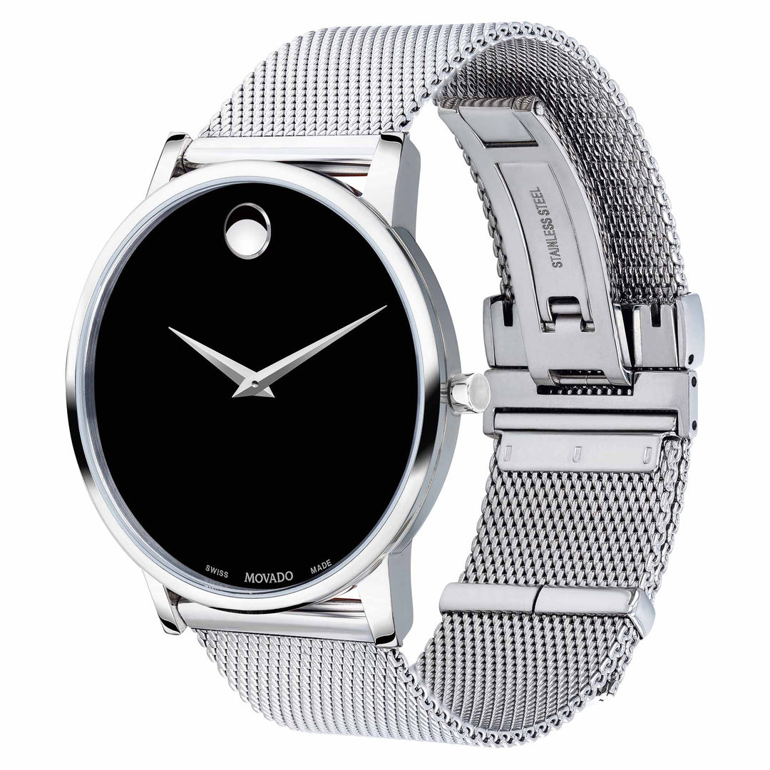 Movado Silver Steel Mesh Black Dial Men's Swiss Made Watch - 607219