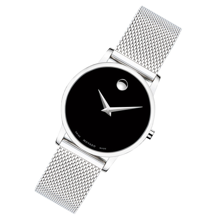 Movado Silver Steel Mesh Black Dial Women's Swiss Made Watch - 607220