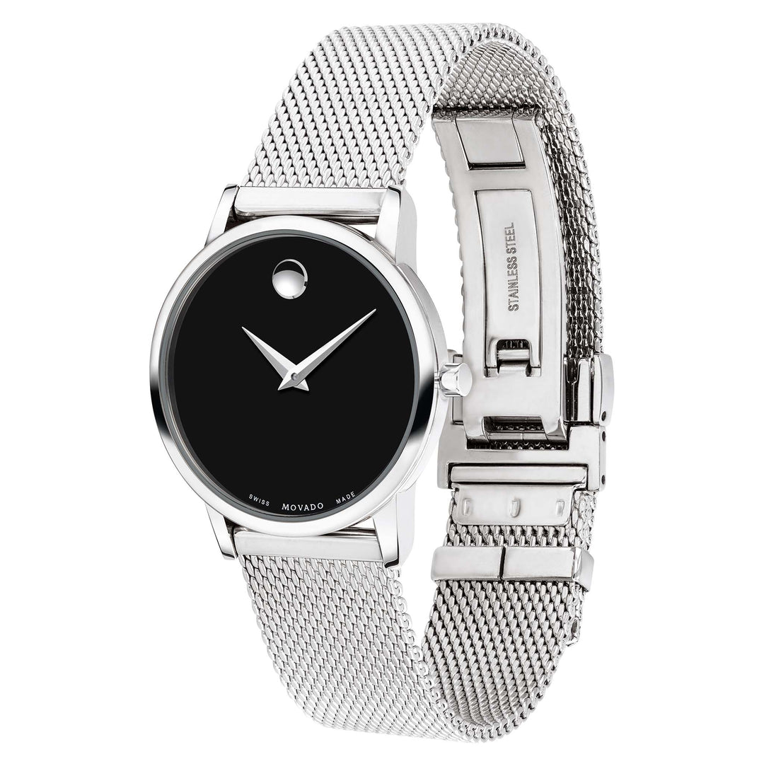 Movado Silver Steel Mesh Black Dial Women's Swiss Made Watch - 607220