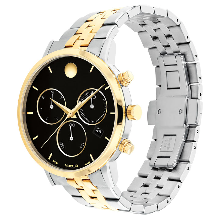 Movado Stainless Steel & Light Yellow Pvd Black Dial Chronograph Men's Swiss Made Watch - 607777