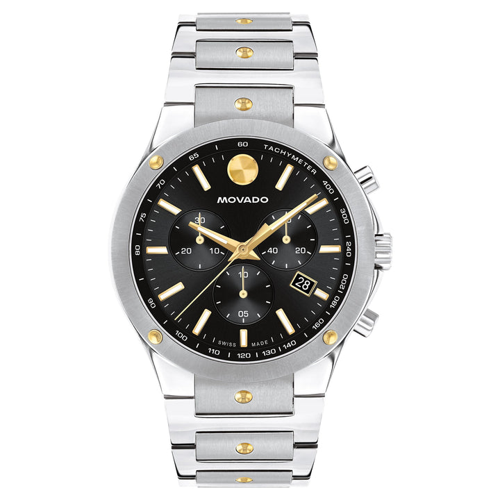 Movado Stainless Steel & Yellow Pvd Black Dial Swiss Chronograph Men's Watch - 607972