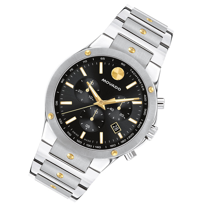 Movado Stainless Steel & Yellow Pvd Black Dial Chronograph Men's Swiss Made Watch - 607972