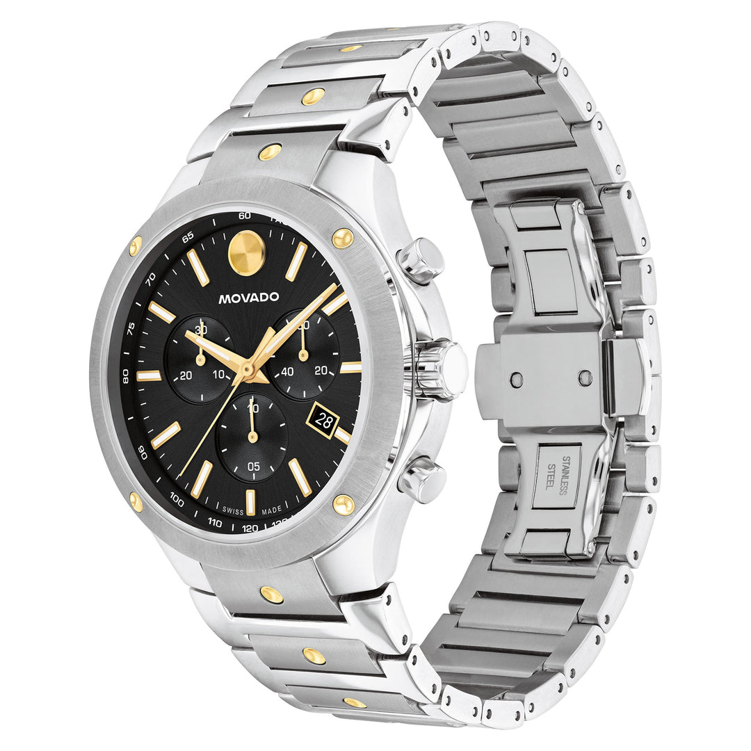 Movado Stainless Steel & Yellow Pvd Black Dial Chronograph Men's Swiss Made Watch - 607972