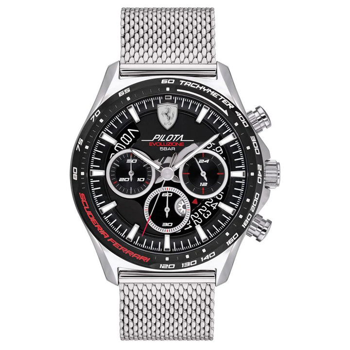 Scuderia Ferrari Pilota Evo Silver Steel Mesh Black Dial Chronograph Men's Watch - 830826