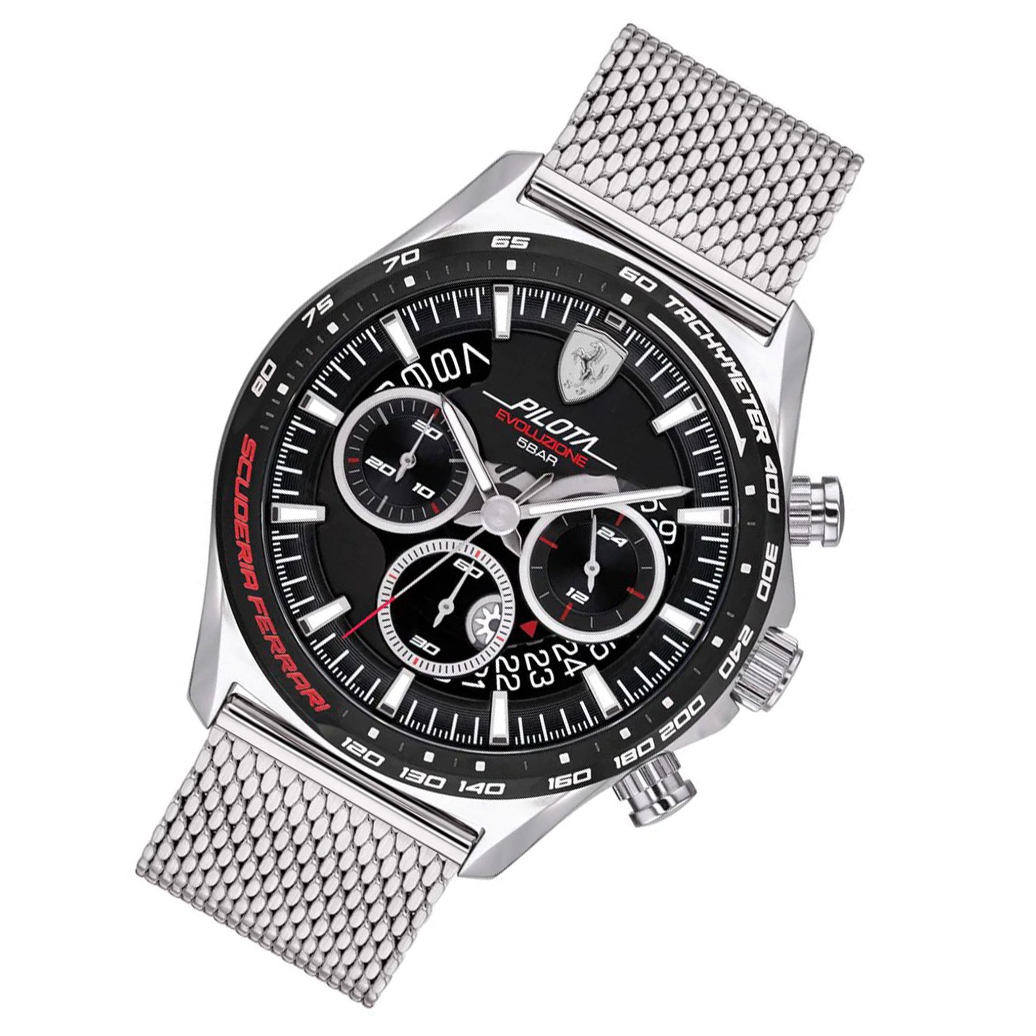 Scuderia Ferrari Pilota Evo Silver Steel Mesh Black Dial Chronograph Men's Watch - 830826