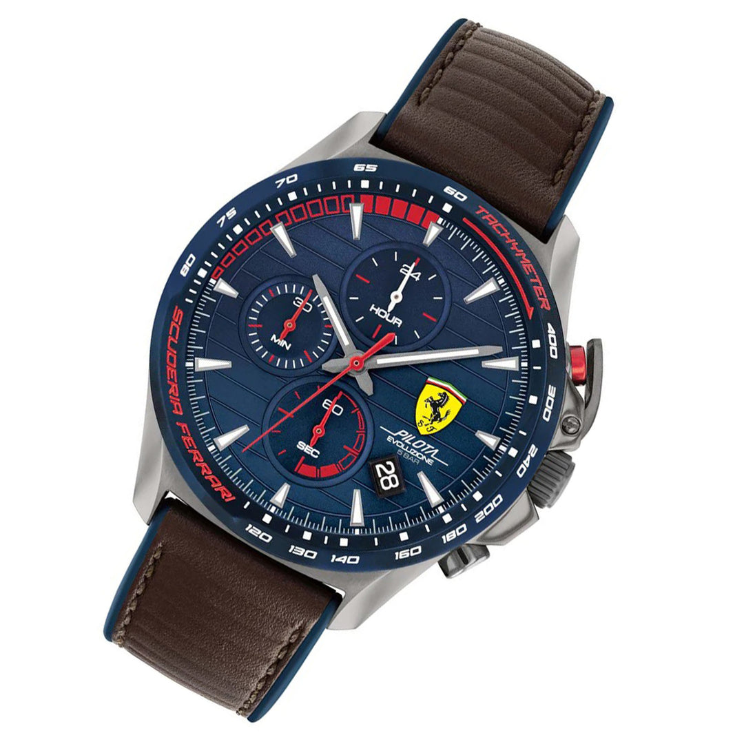 Scuderia Ferrari Pilota Evo Brown Leather Band Blue Dial Chronograph Men's Watch - 830848