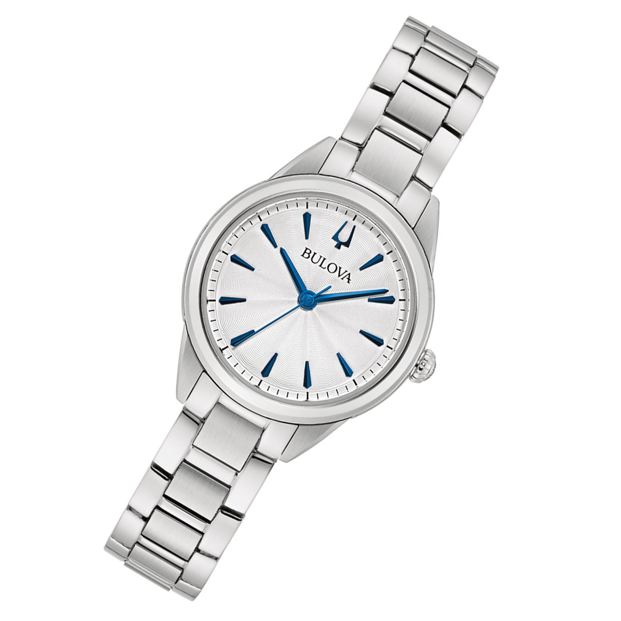 Bulova Women's outlet Watch 96L285 Quartz White Blue Dial Silver Steel Leather Band