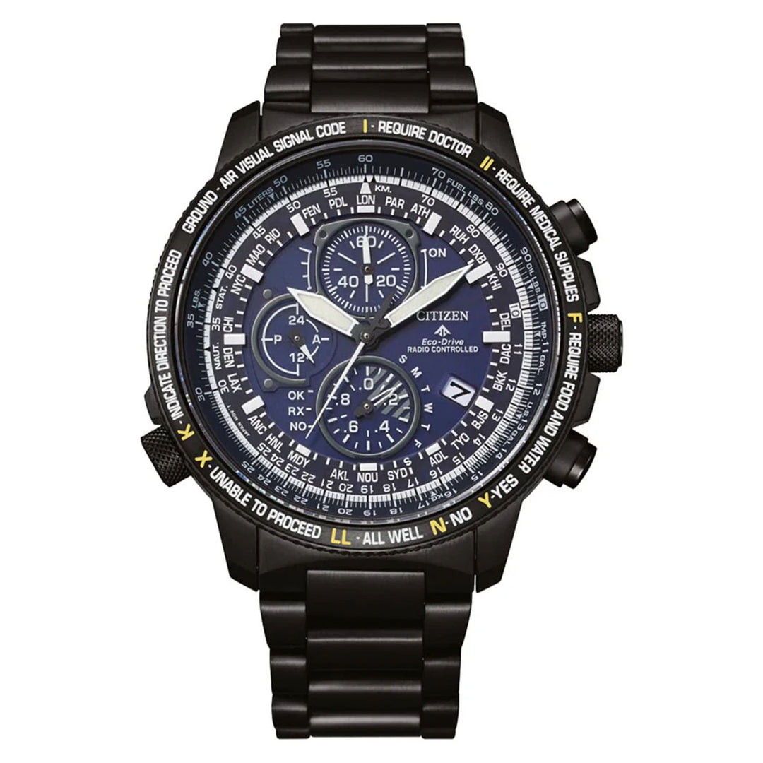 Citizen Eco Drive Black Steel Blue Dial Men's Chronograph Watch - AT8195-85L