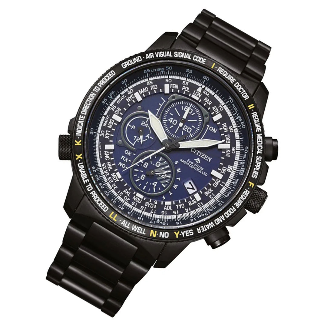 Citizen Eco Drive Black Steel Blue Dial Men's Chronograph Watch - AT8195-85L