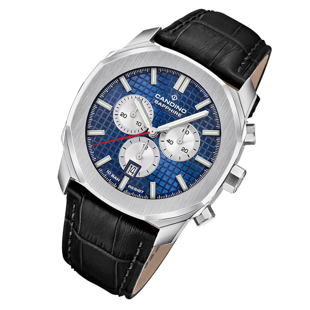 Candino Black Leather Blue Dial Men's Chronograph Swiss Made Watch - C4747/1