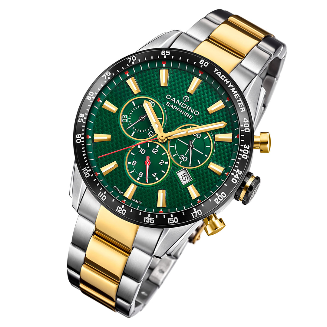 Candino Two-Tone Steel Green Dial Men's Chronograph Swiss Made Watch - C4748/3