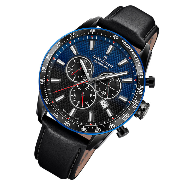 Candino Black Leather Blue & Black Dial Men's Chronograph Swiss Made Watch - C4759/2