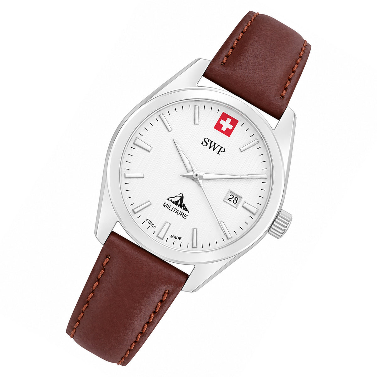 SWP Brown Leather White Dial Women's Swiss Made Watch - D226ALI