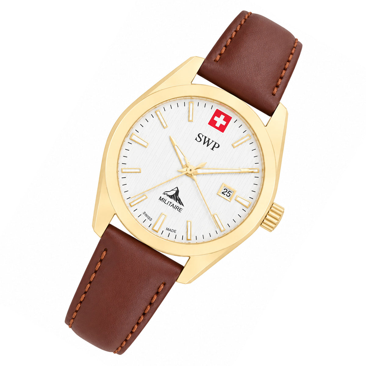 SWP Brown Leather White Dial Women's Swiss Made Watch - D226PLI