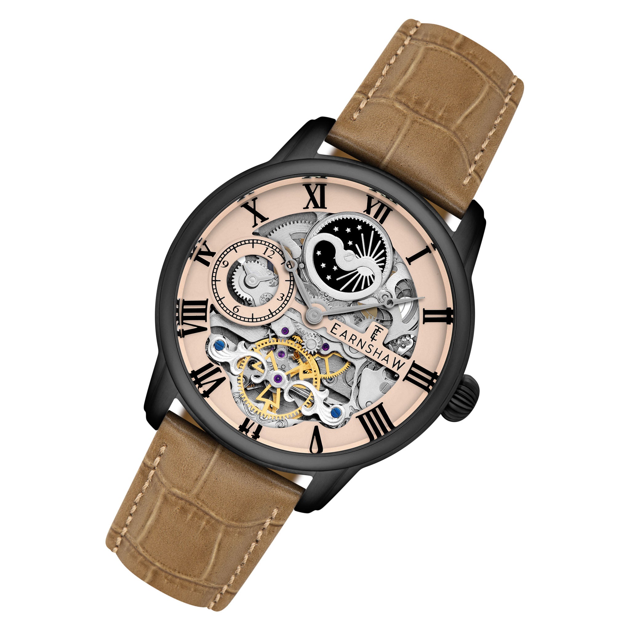 Earnshaw Brown Leather Tan Dial Multi-function Men's Automatic Watch - ES-8006-0G