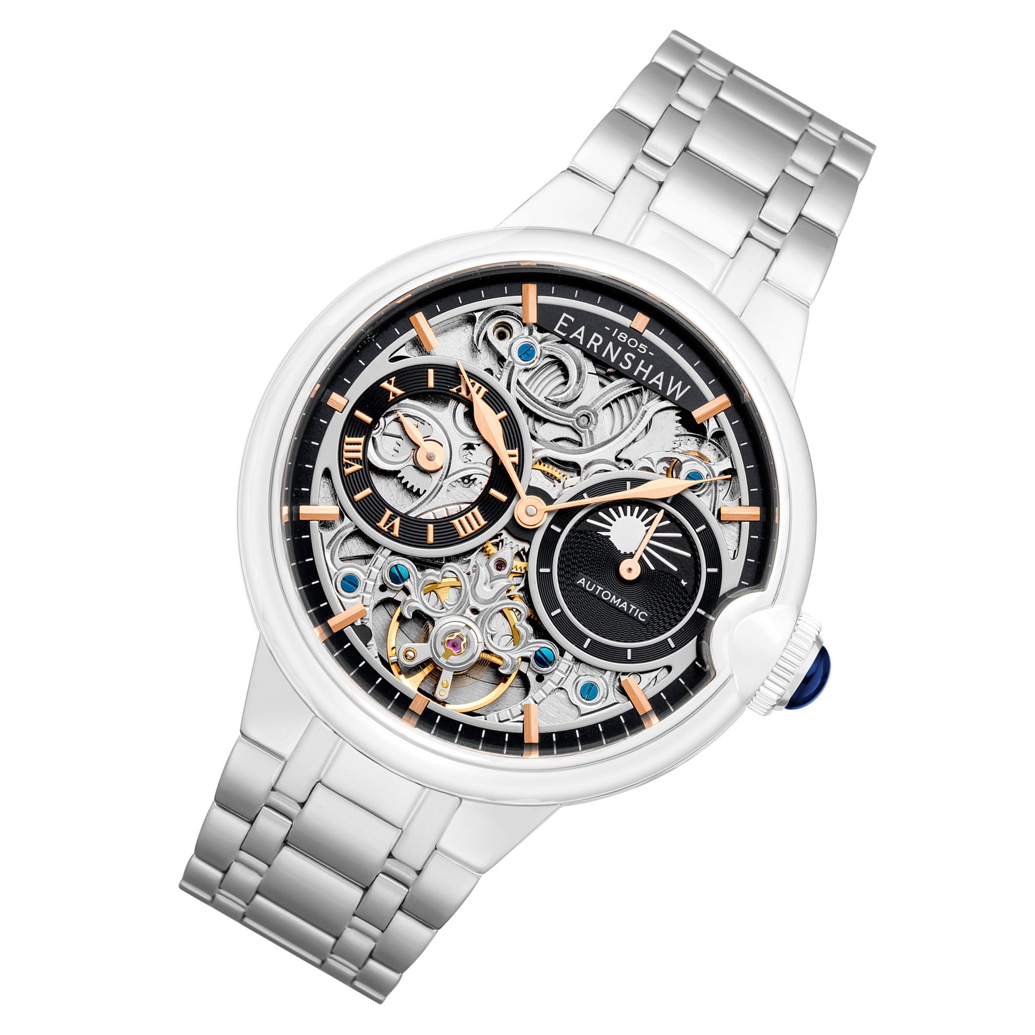 Earnshaw Silver Steel Black Dial Multi-function Men's Automatic Watch - ES-8242-22