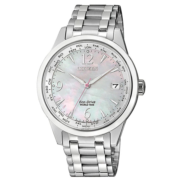 Citizen World Silver Steel Eco-Drive Mother of Pearl Dial Solar Women's Watch - FC8001-87D