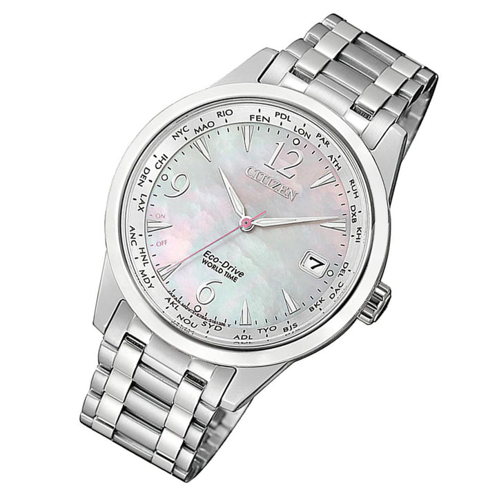 Citizen World Silver Steel Eco-Drive Mother of Pearl Dial Solar Women's Watch - FC8001-87D