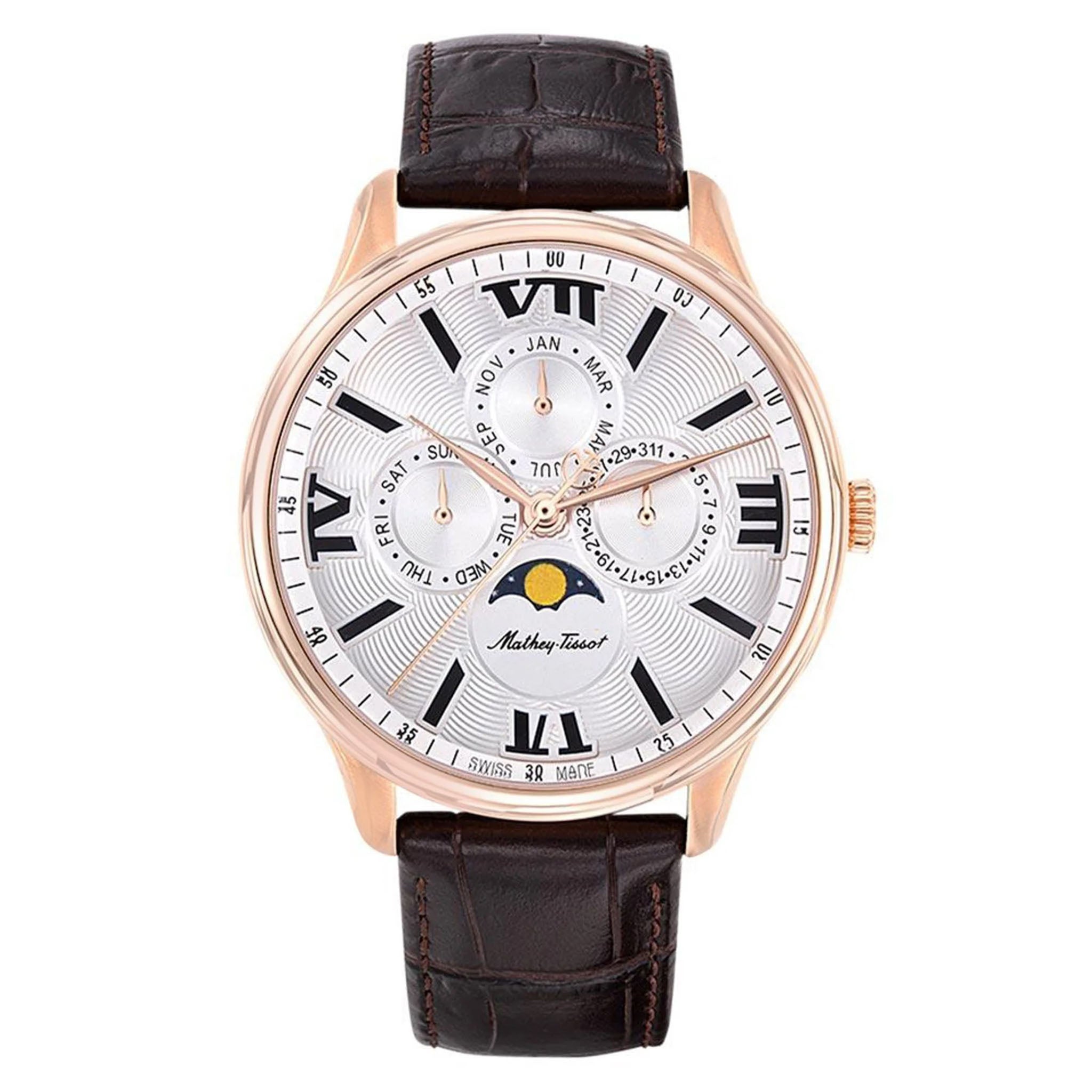 Mathey Tissot Edmond Moon Leather White Dial Swiss Made Men s