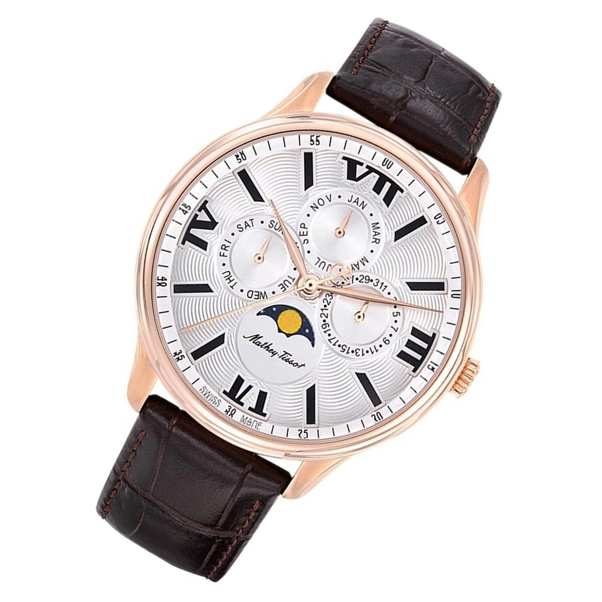 Mathey Tissot Edmond Moon Leather White Dial Swiss Made Men s