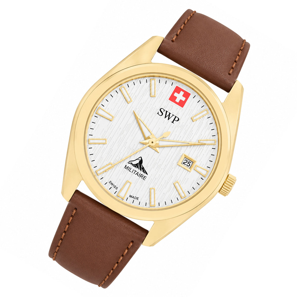 SWP Brown Leather White Dial Men's Swiss Made Watch - H226PLI