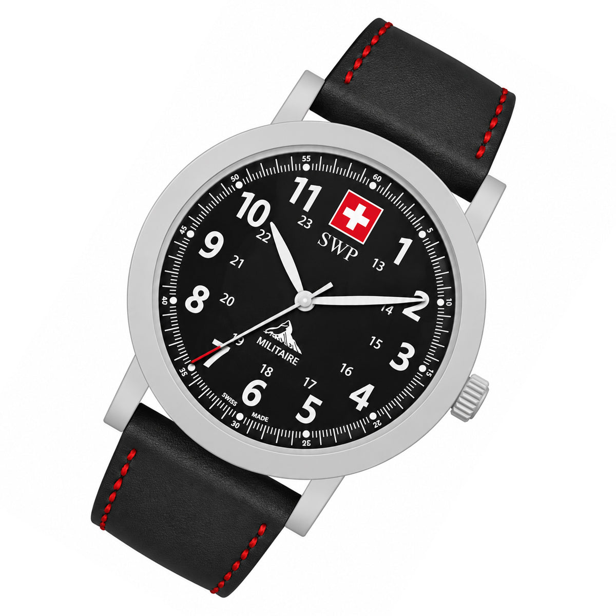 SWP Black & Red Leather Men's Swiss Made Watch - H227ALN