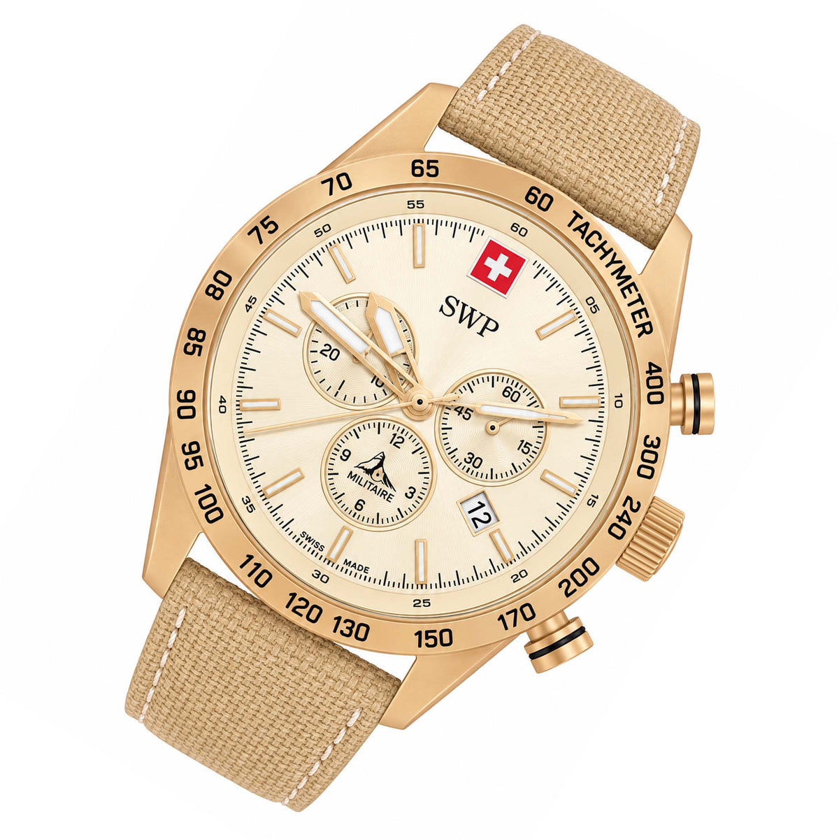 SWP Beige Leather Champagne Dial Chronograph Men's Swiss Made Watch - H822CHLPDI