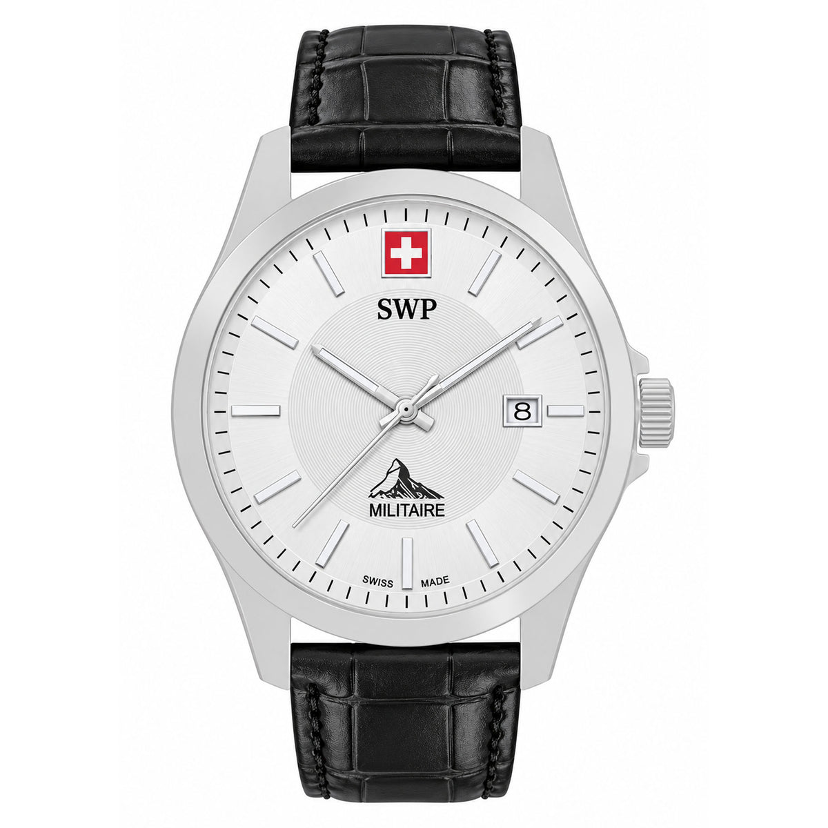 SWP Black Leather Men's Swiss Made Watch - H984ALI