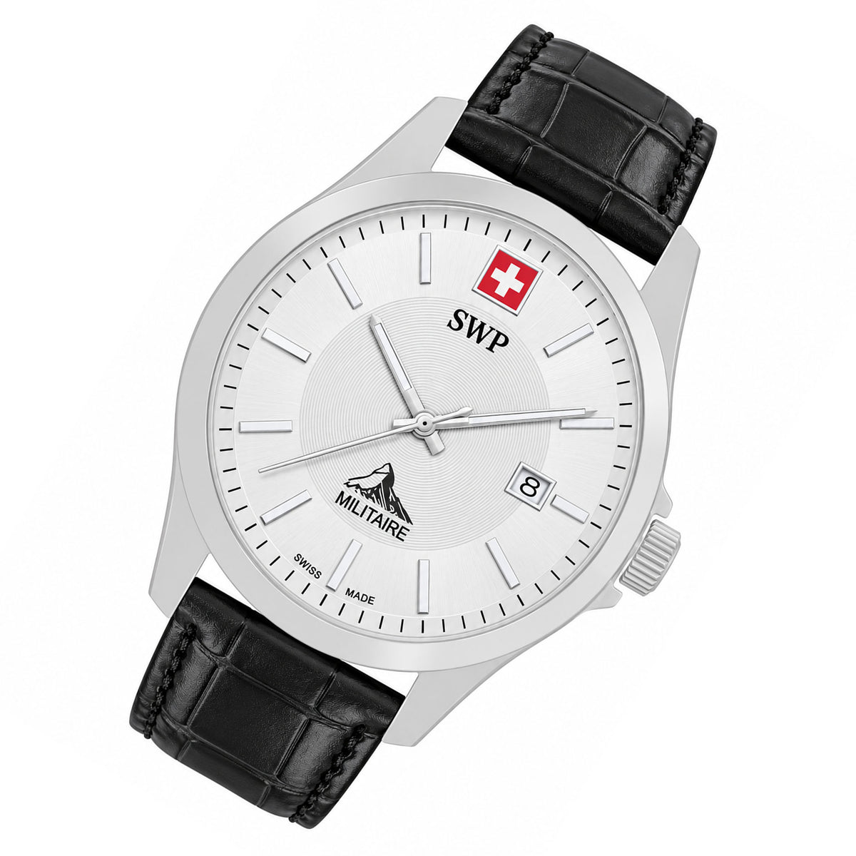 SWP Black Leather White Dial Men's Swiss Made Watch - H984ALI