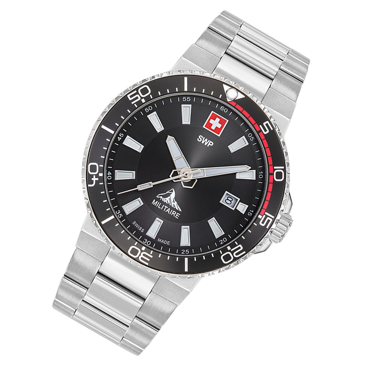 SWP Silver Steel Black Dial Men's Swiss Made Watch - H986AN