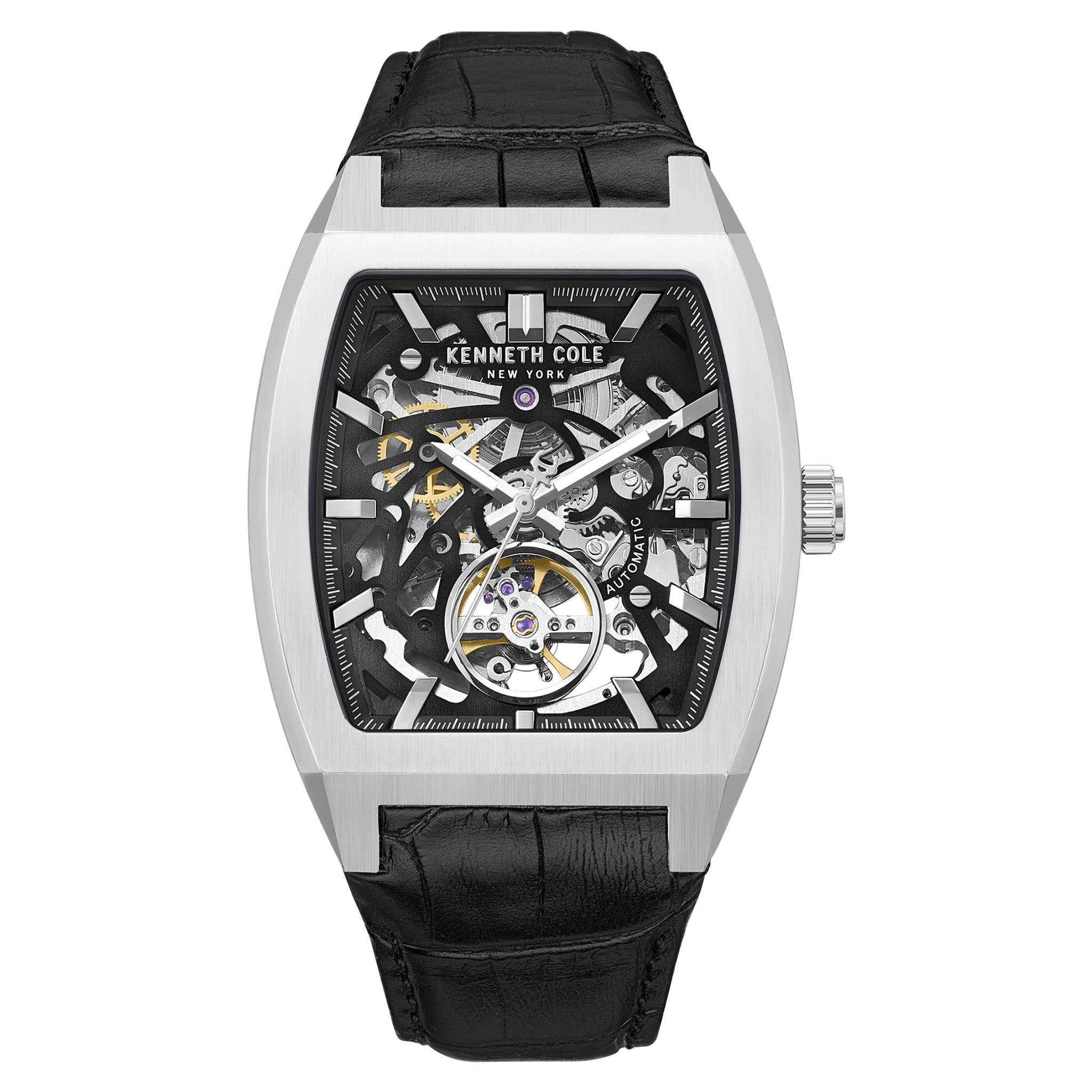 Kenneth Cole Stainless Steel Black Dial Leather Automatic Men's Watch - KCWGX0077403