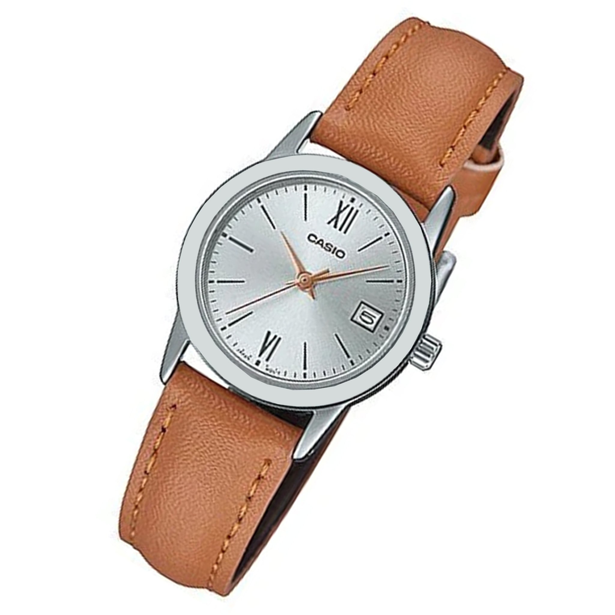 Casio Brown Leather Silver Dial Women's Watch - LTPV002L-7B3