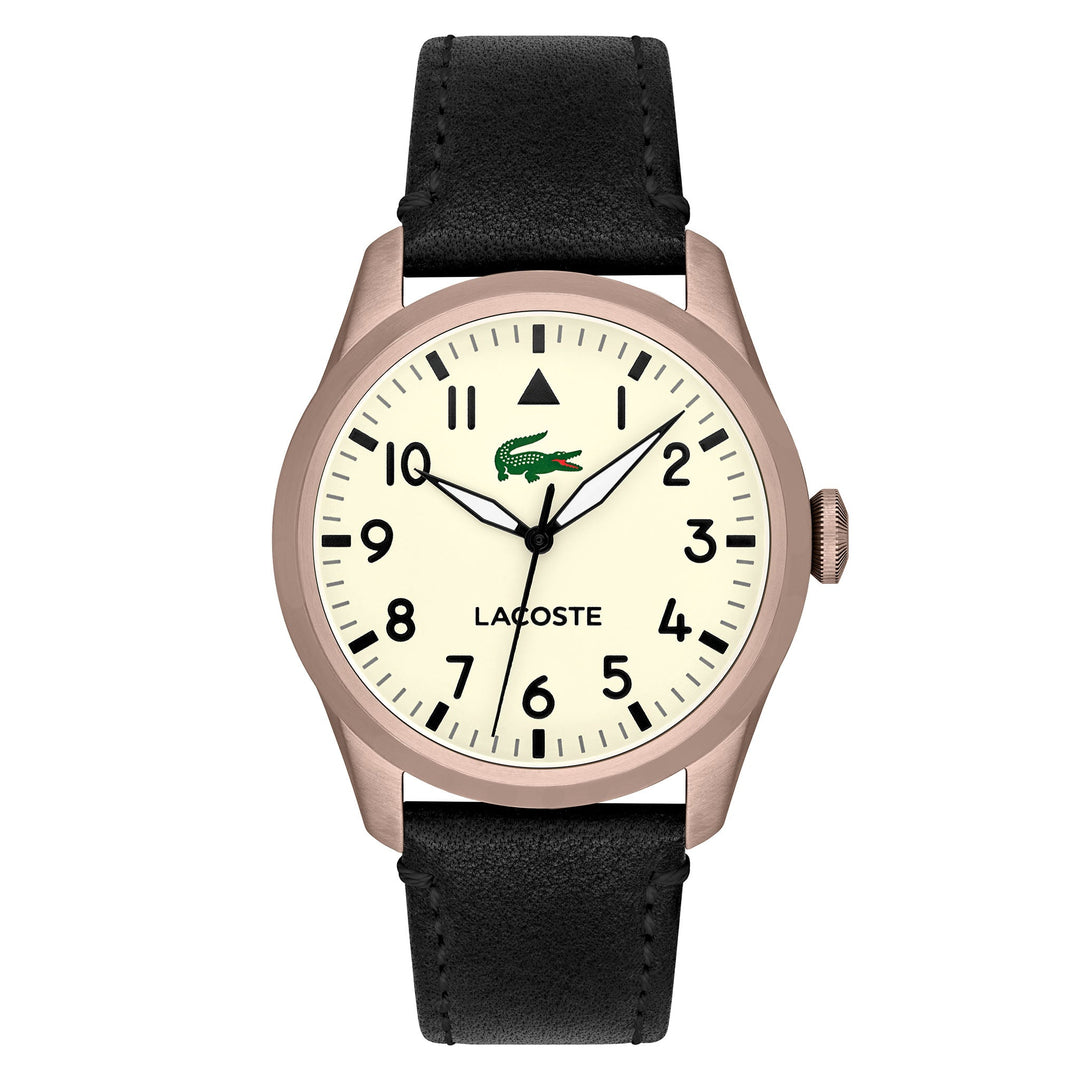 Lacoste Black Leather Parchment Dial Men's Watch - 2011300
