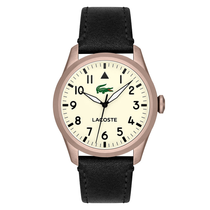 Lacoste Black Leather Parchment Dial Men's Watch - 2011300