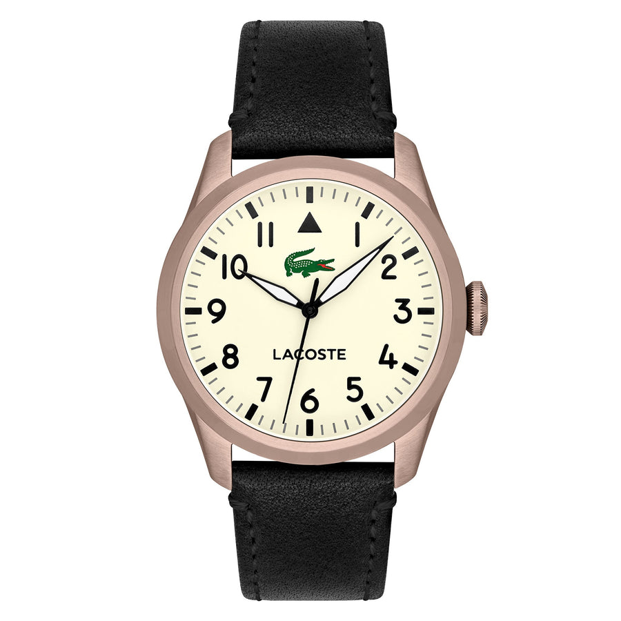 Lacoste Black Leather Parchment Dial Men's Watch - 2011300