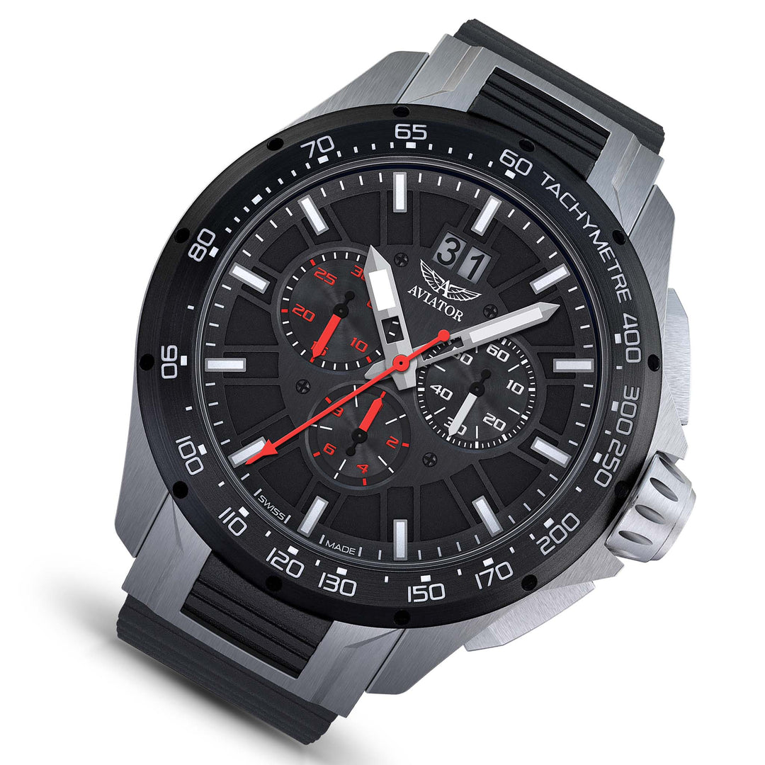 Aviator Black Rubber Grey Dial Chronograph Swiss Made  Men's Watch - M21951346