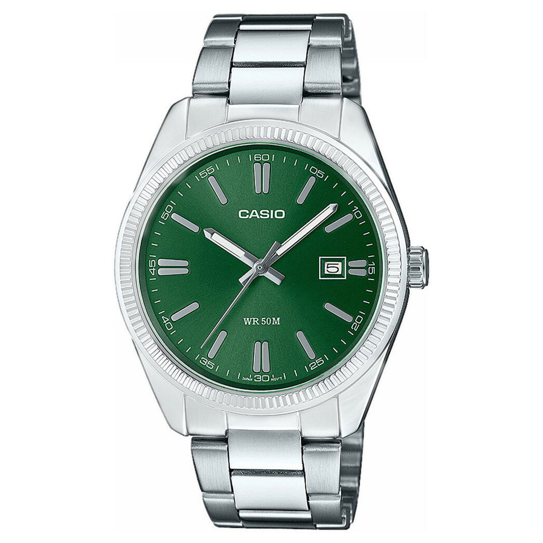 Casio Silver Steel Green Dial Men's Watch - MTP1302PD-3A