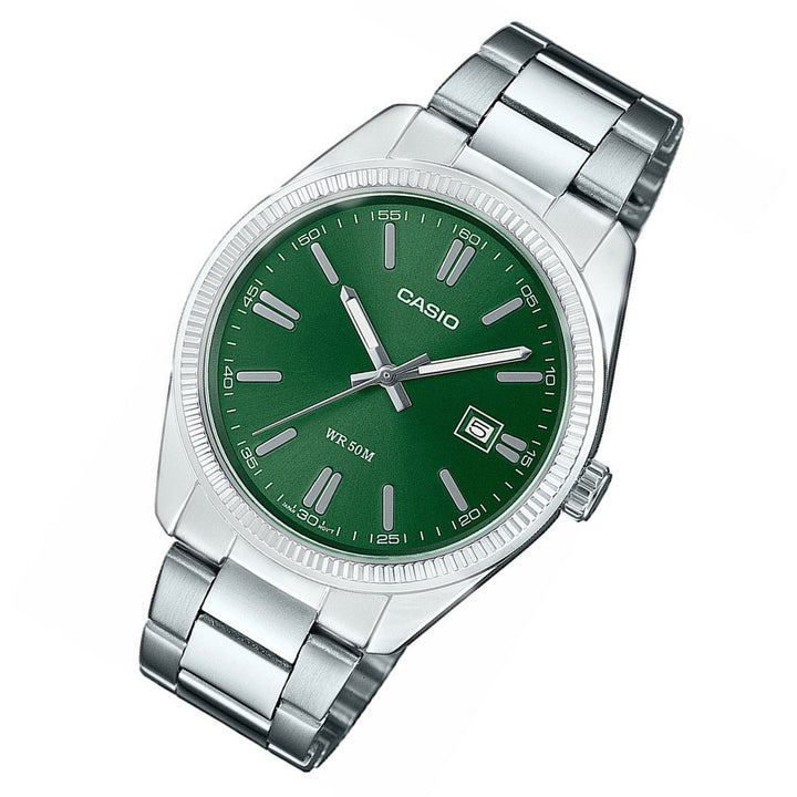 Casio Silver Steel Green Dial Men's Watch - MTP1302PD-3A