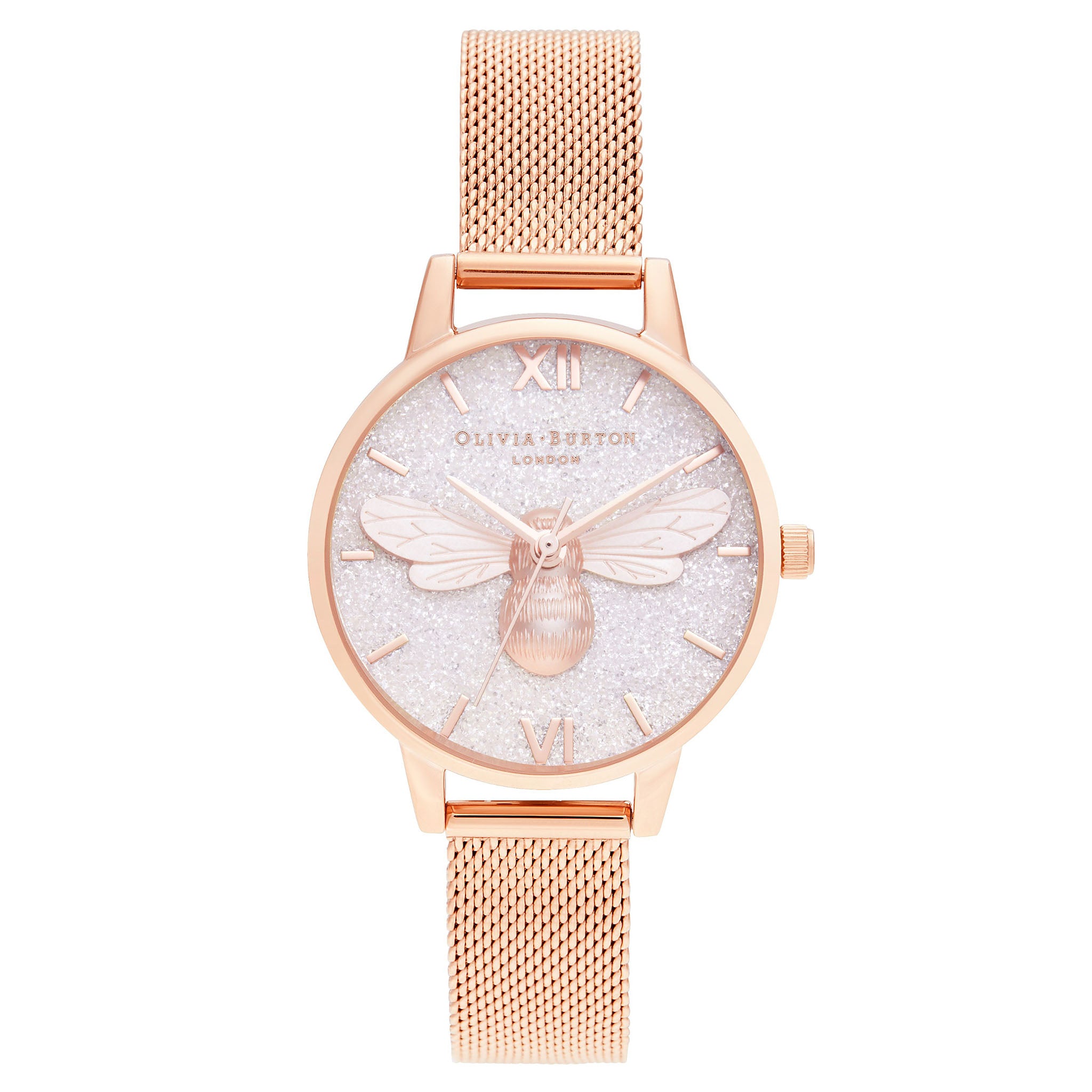 Olivia Burton Glitter Dial Lukcy Bee & Rose Gold Mesh Ladies Watch - OB16FB04