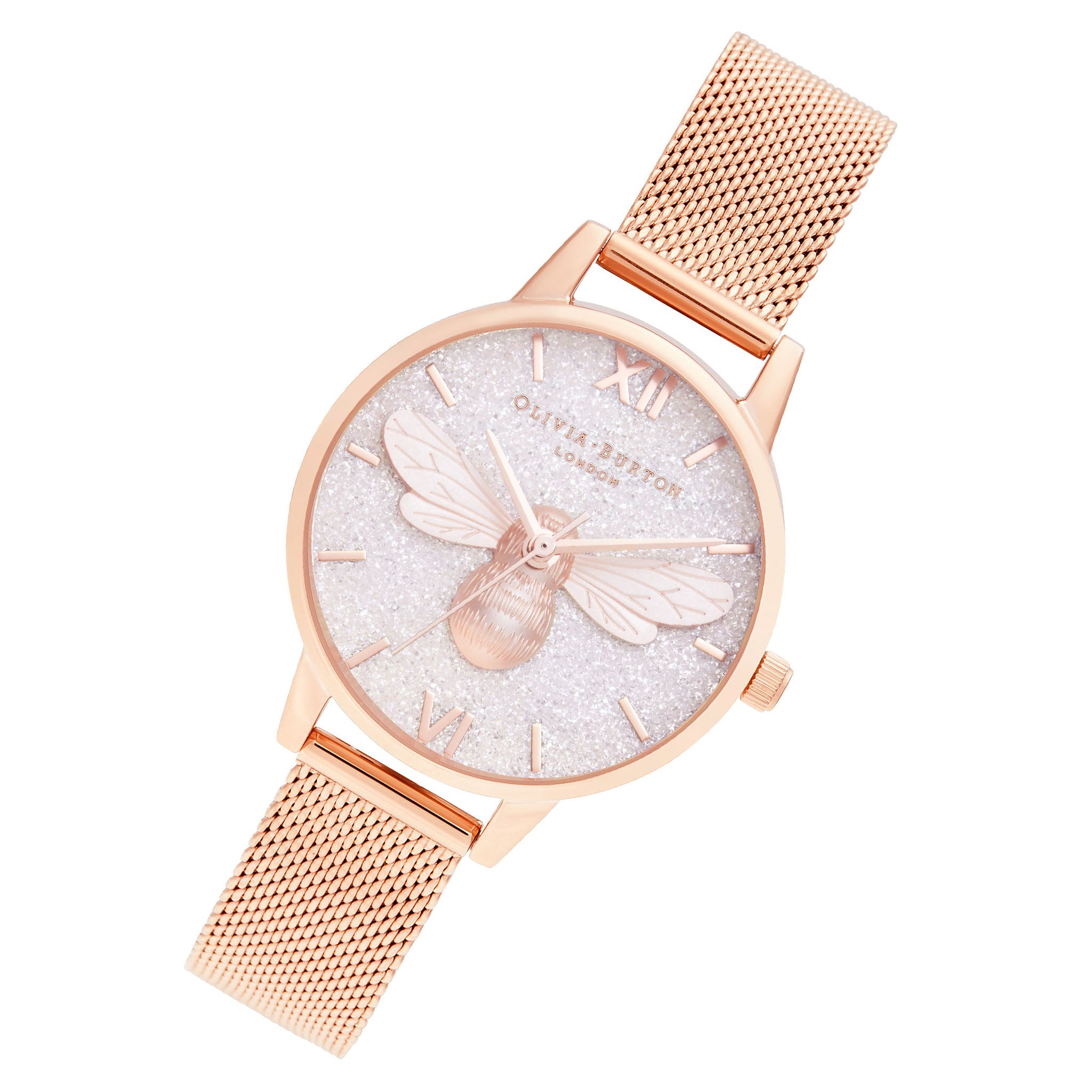 Olivia Burton Glitter Dial Lukcy Bee & Rose Gold Mesh Ladies Watch - OB16FB04