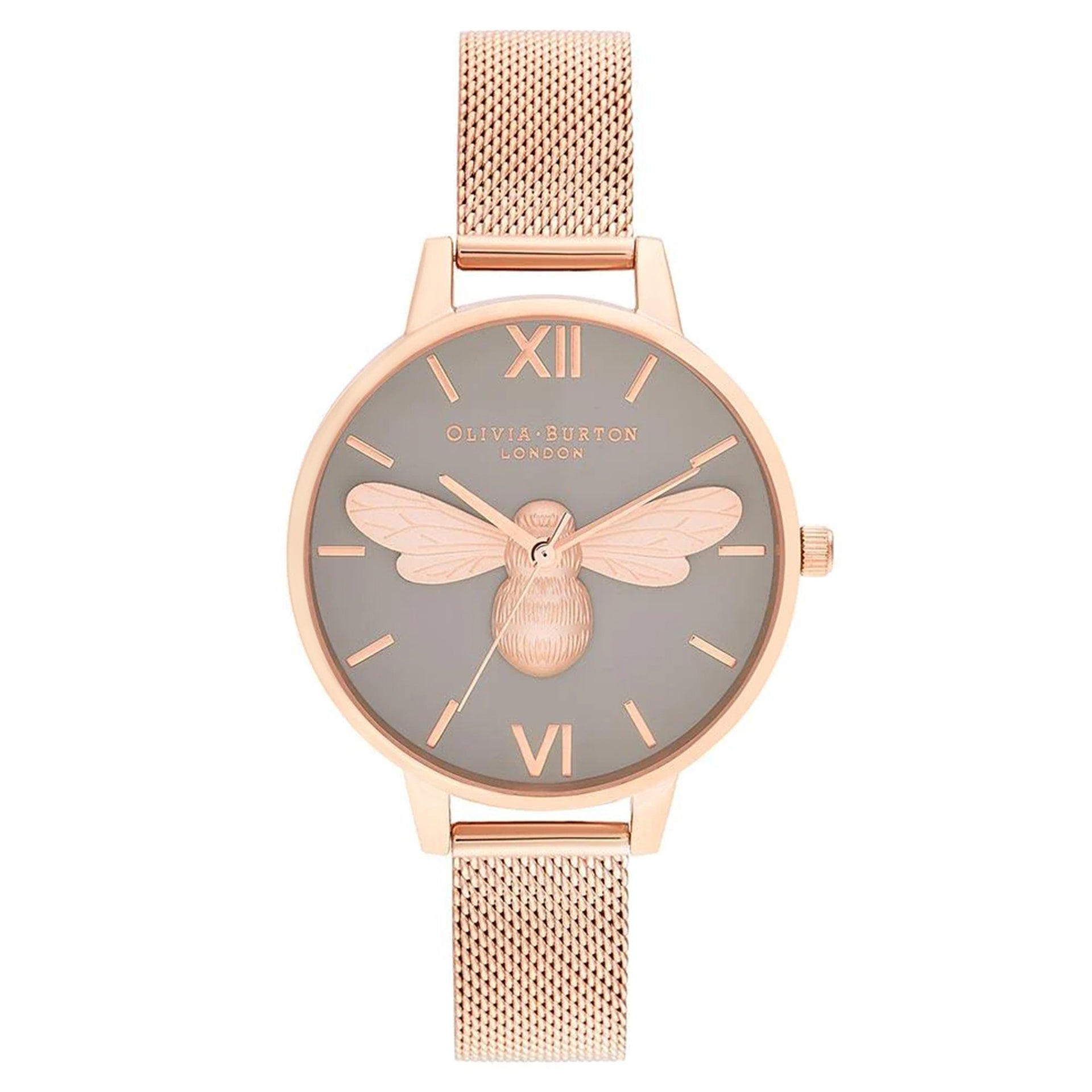 Olivia Burton Lucky Bee, Grey Dial Rose Gold Mesh Ladies Watch OB1