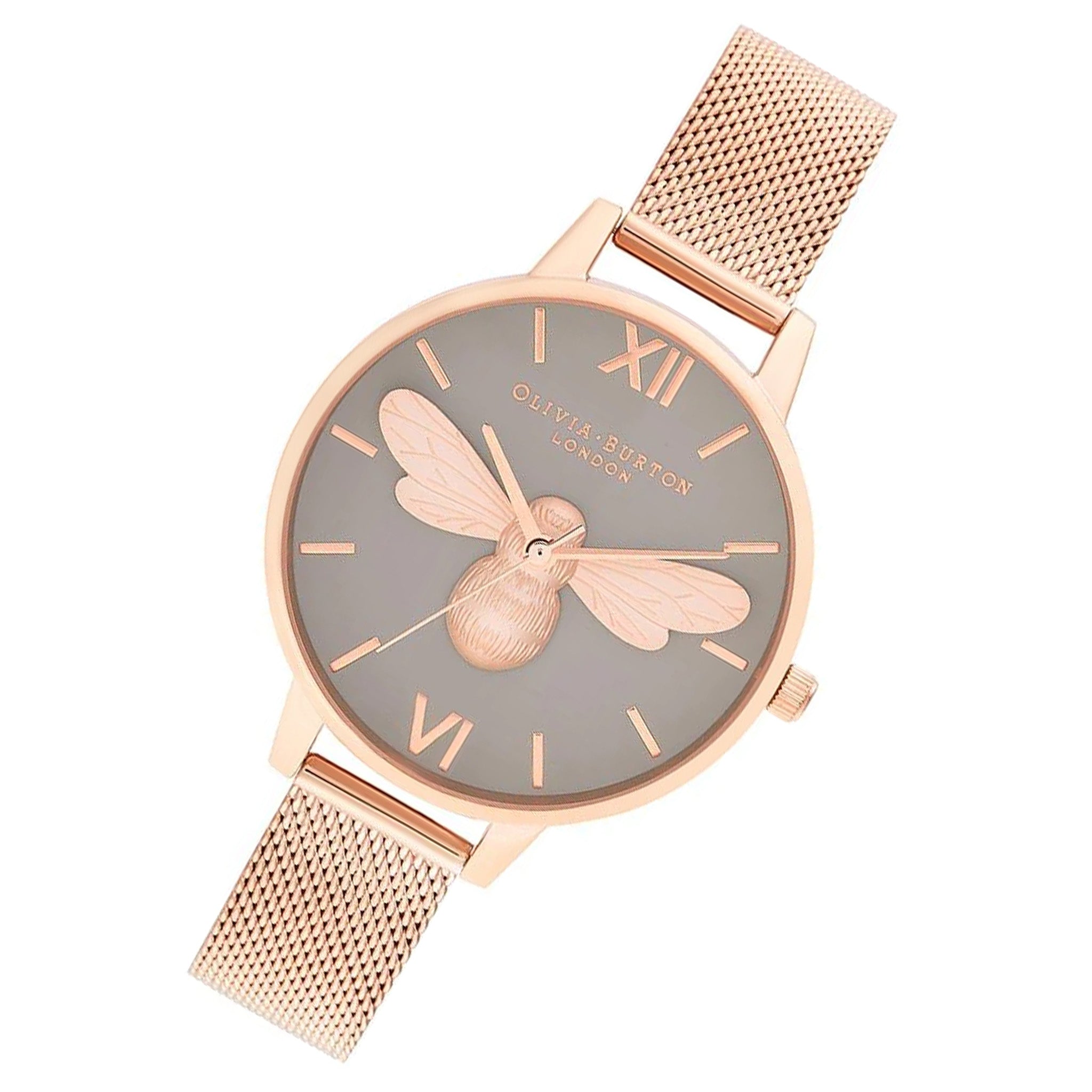 Olivia Burton Lucky Bee, Grey Dial & Rose Gold Mesh Ladies Watch - OB16FB10