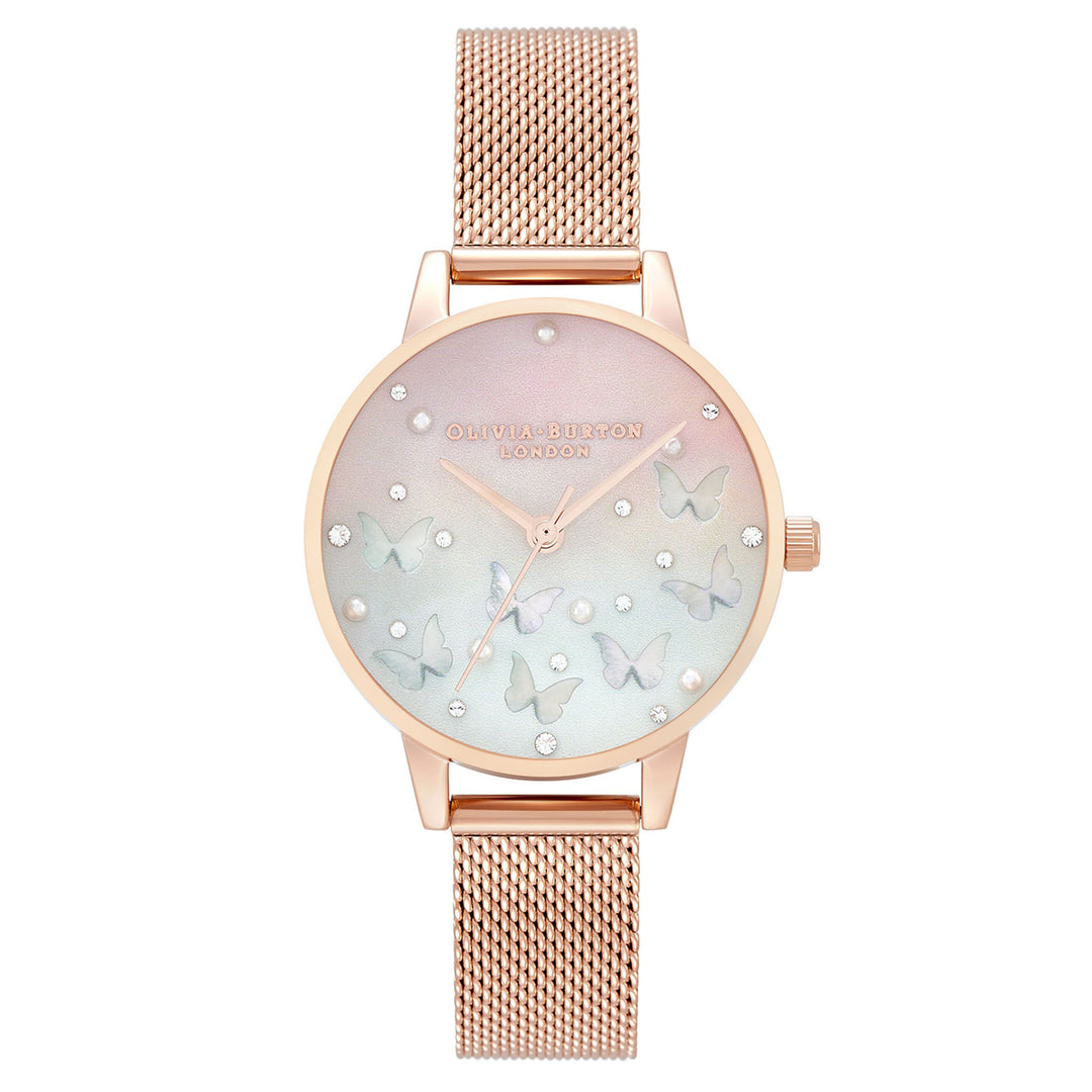 Olivia Burton Sparkle Butterfly, Midi Blush Dial With Blue Mother of Pearl, Rose Gold Mesh Women's Watch - OB16MB38