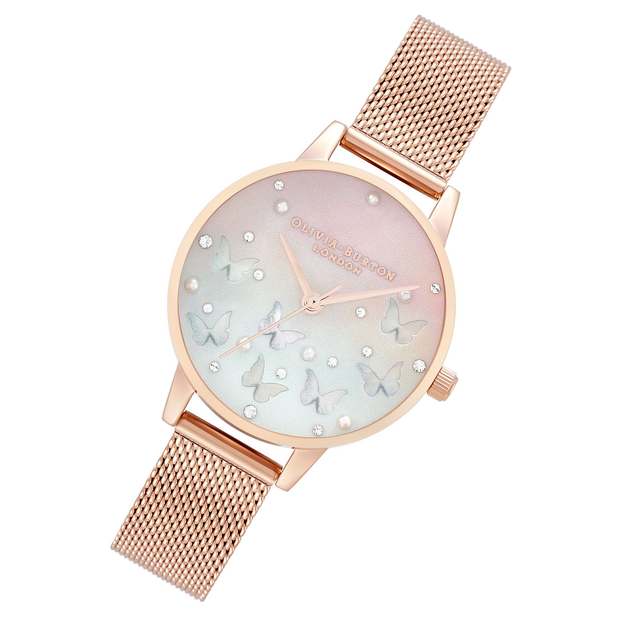 Olivia Burton Sparkle Butterfly, Midi Blush Dial With Blue Mother of Pearl, Rose Gold Mesh Women's Watch - OB16MB38