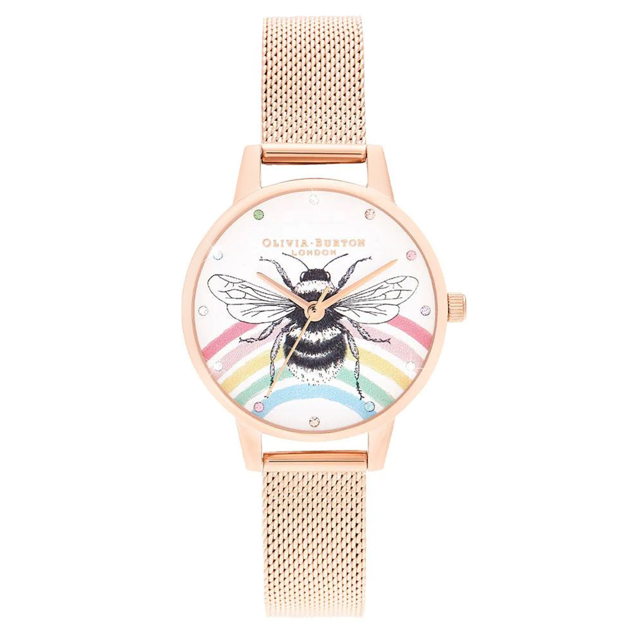 Olivia Burton Illustrated Animals Rainbow Bee, Rose Gold Mesh Ladies Watch - OB16WL90