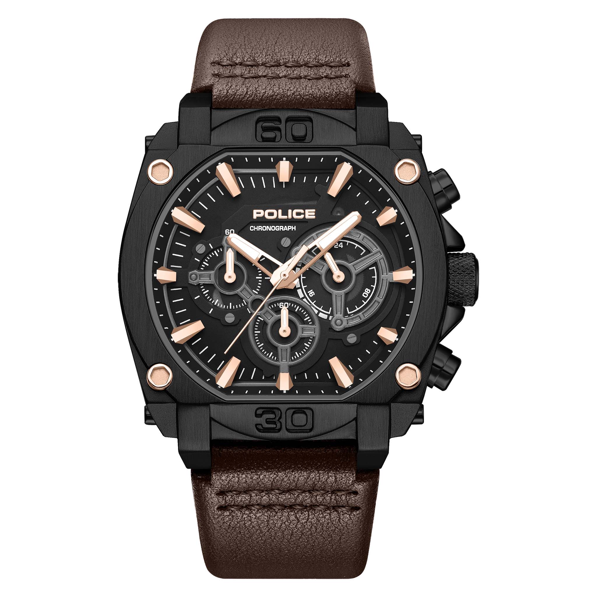Police Brown Leather Black Dial Men's Watch - PEWGC0092905