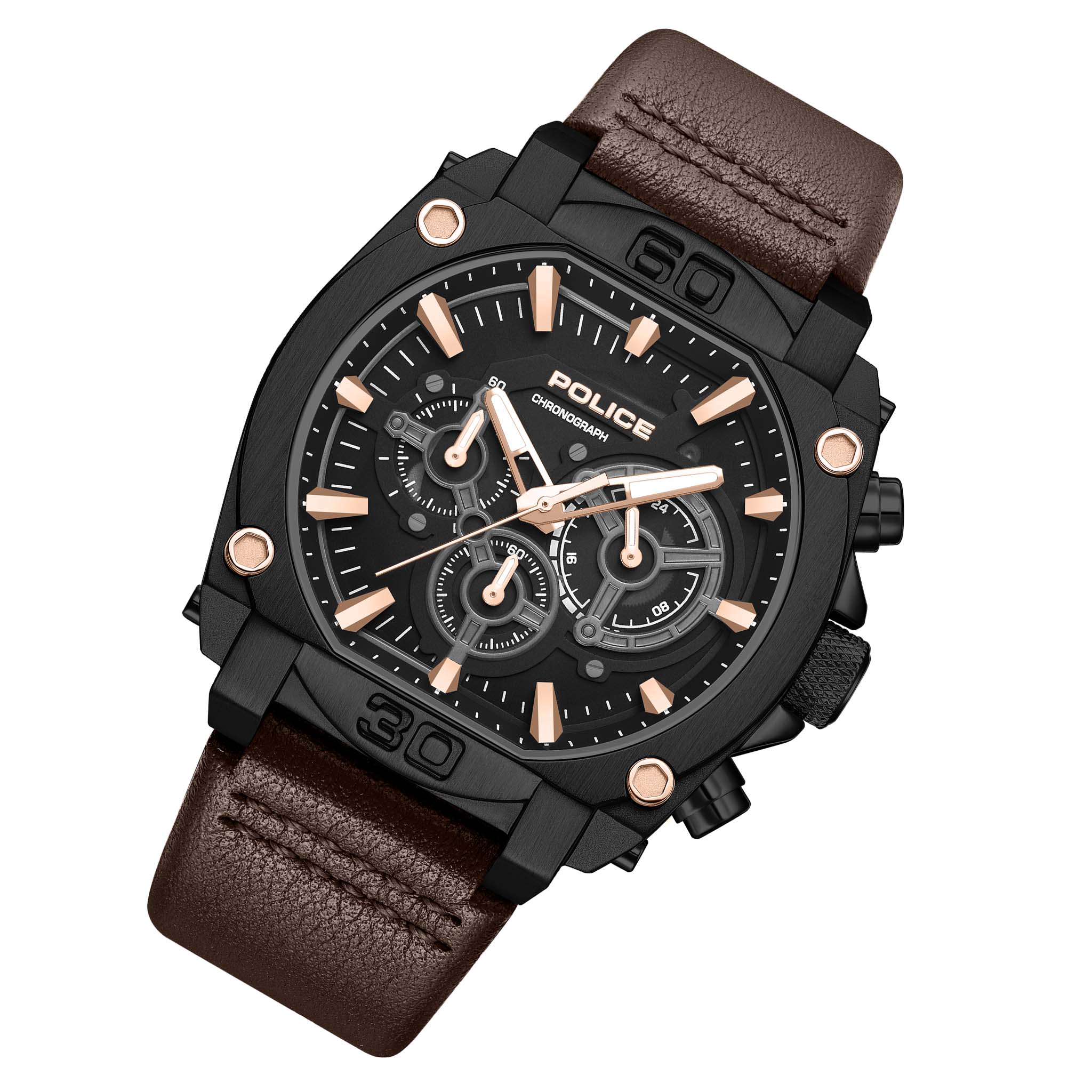 Police Brown Leather Black Dial Chronograph Men's Watch - PEWGC0092905
