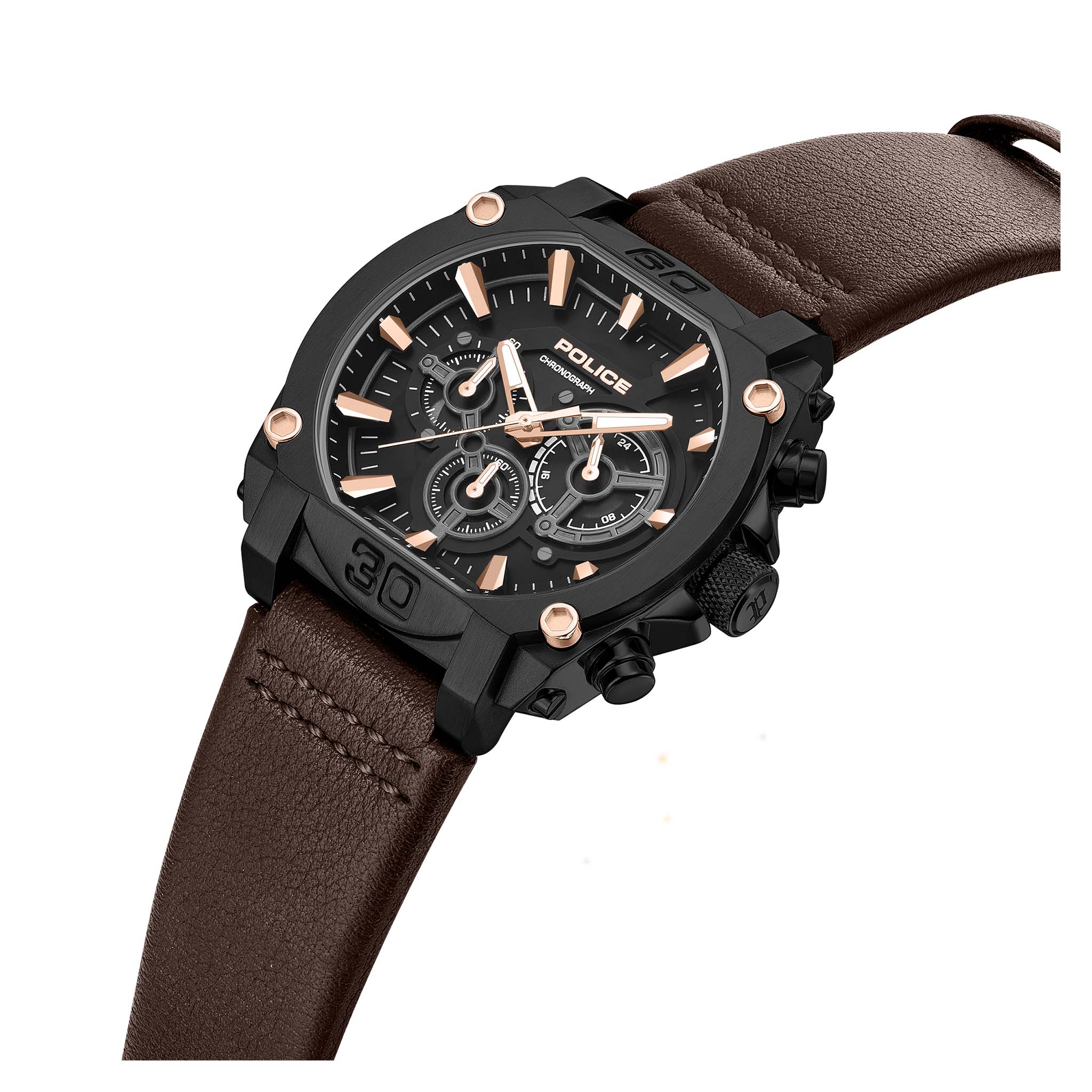 Police Brown Leather Black Dial Chronograph Men's Watch - PEWGC0092905