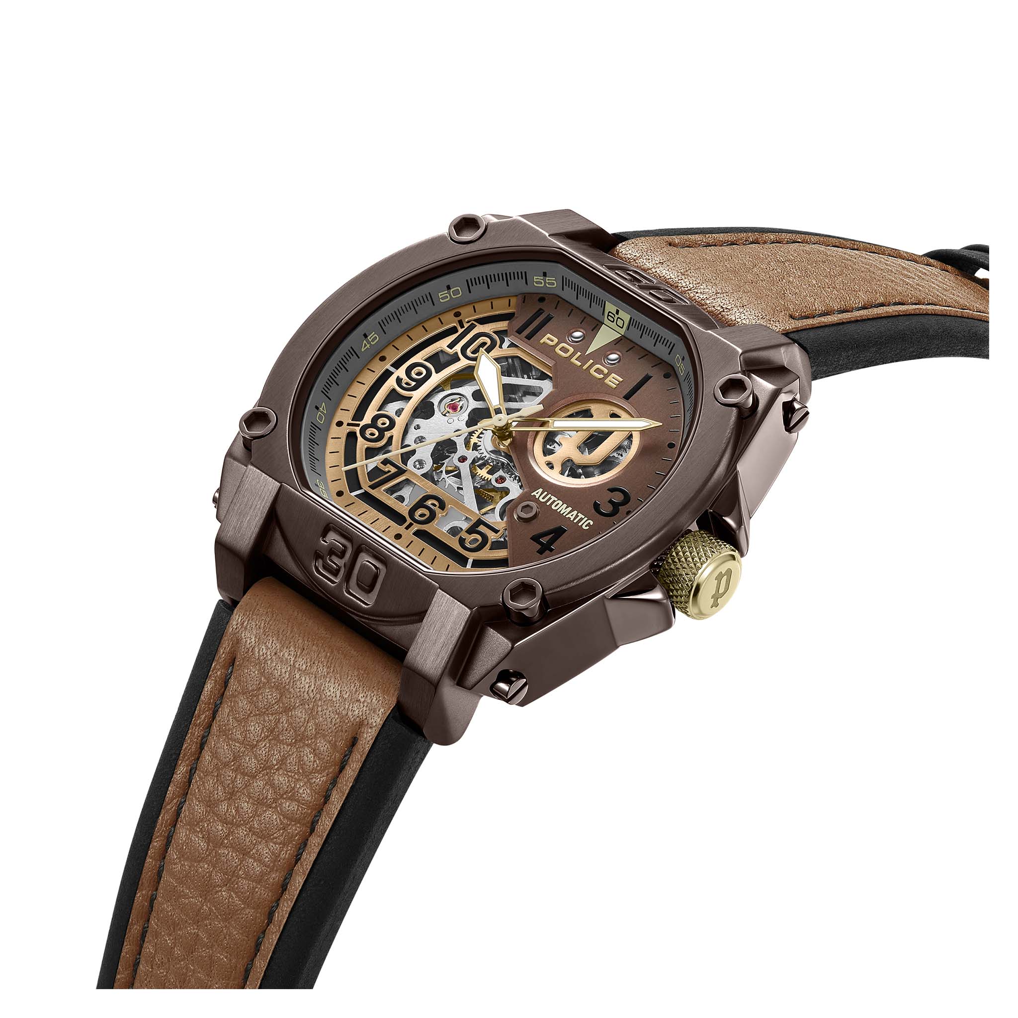 Police Black & Tan Leather Brown Dial Automatic Men's Watch - PEWGE0040002
