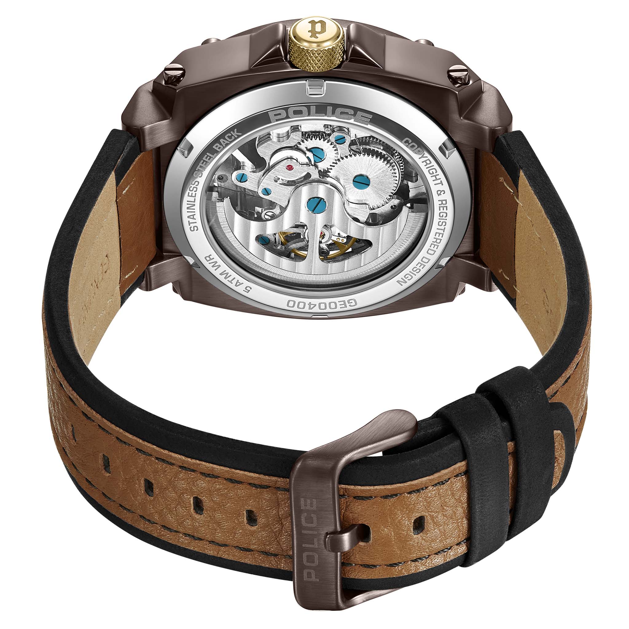 Police Black & Tan Leather Brown Dial Automatic Men's Watch - PEWGE0040002